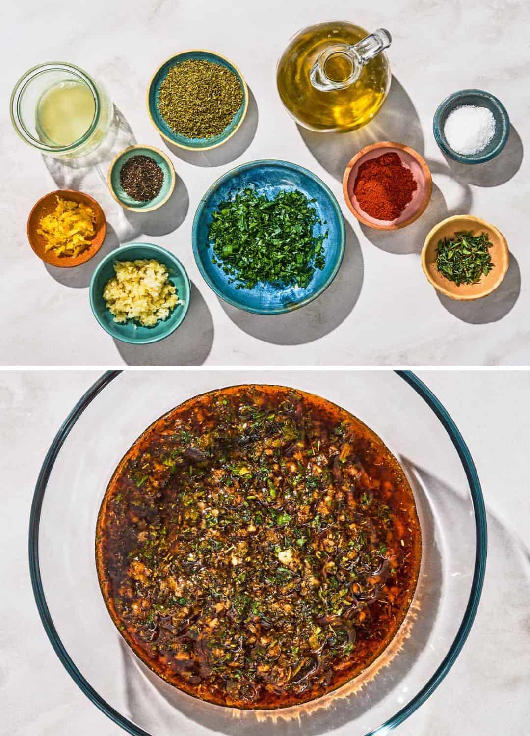 A two photo collage. The top photo shows the ingredients for the Greek chicken marinade. The bottom show the marinade in a bowl.