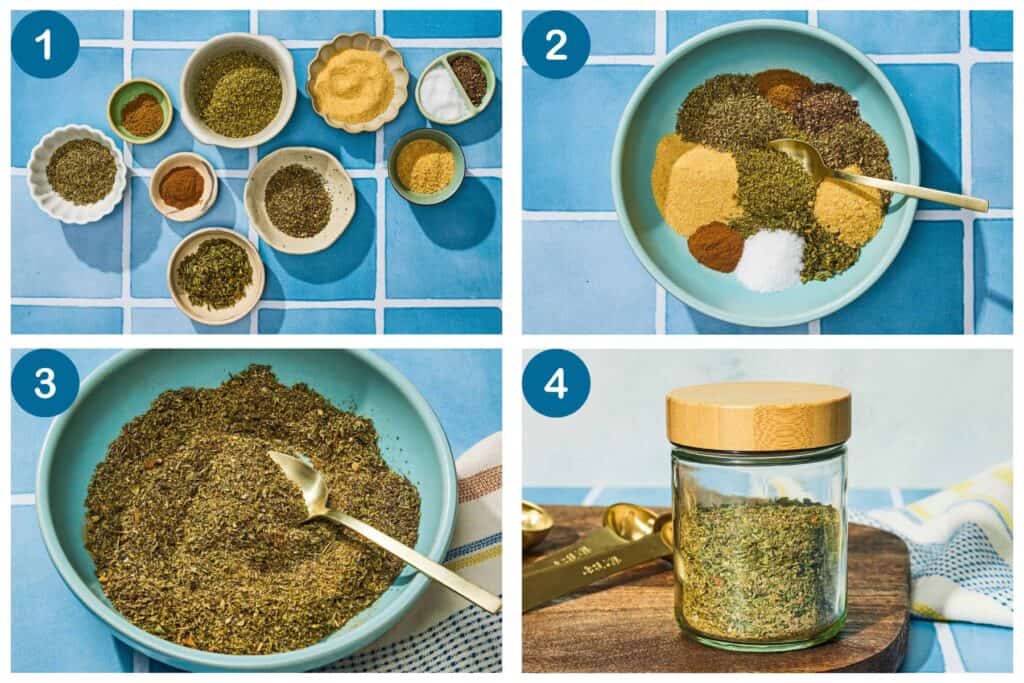 Greek seasoning recipe in four easy steps. 1. Gather all of the individual seasonings 2. Add the seasonings to a bowl 3. Mix the seasonings together with a spoon 4. store the Greek seasoning in a jar with a lid.