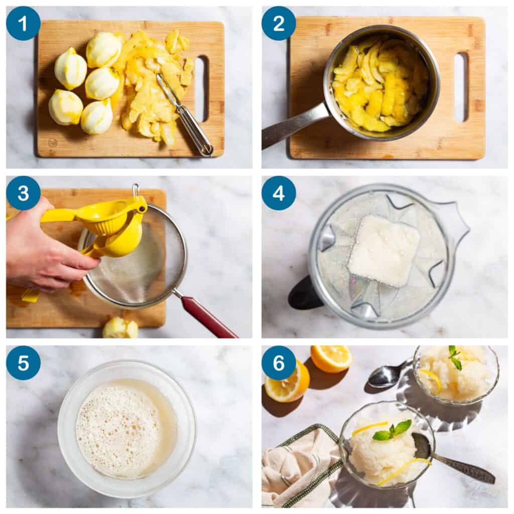 How to make lemon sorbet. Step 1: peel the lemons, Step 2: make a simple syrup with the lemon zest strips, Step 3: juice the lemons, Step 4: blend the simple syrup and lemon juice, Step 5: pour the mixture into a chilled bowl, cover and freeze, Step 6: spoon into serving glasses, garnish and serve.