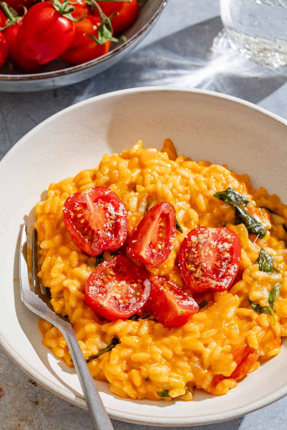 Tomato risotto in a bowl with a fork.