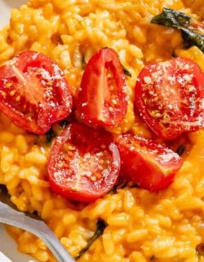 Tomato risotto in a bowl with a fork.
