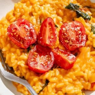 Tomato risotto in a bowl with a fork.