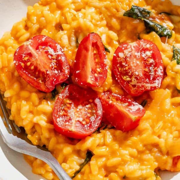 Tomato risotto in a bowl with a fork.