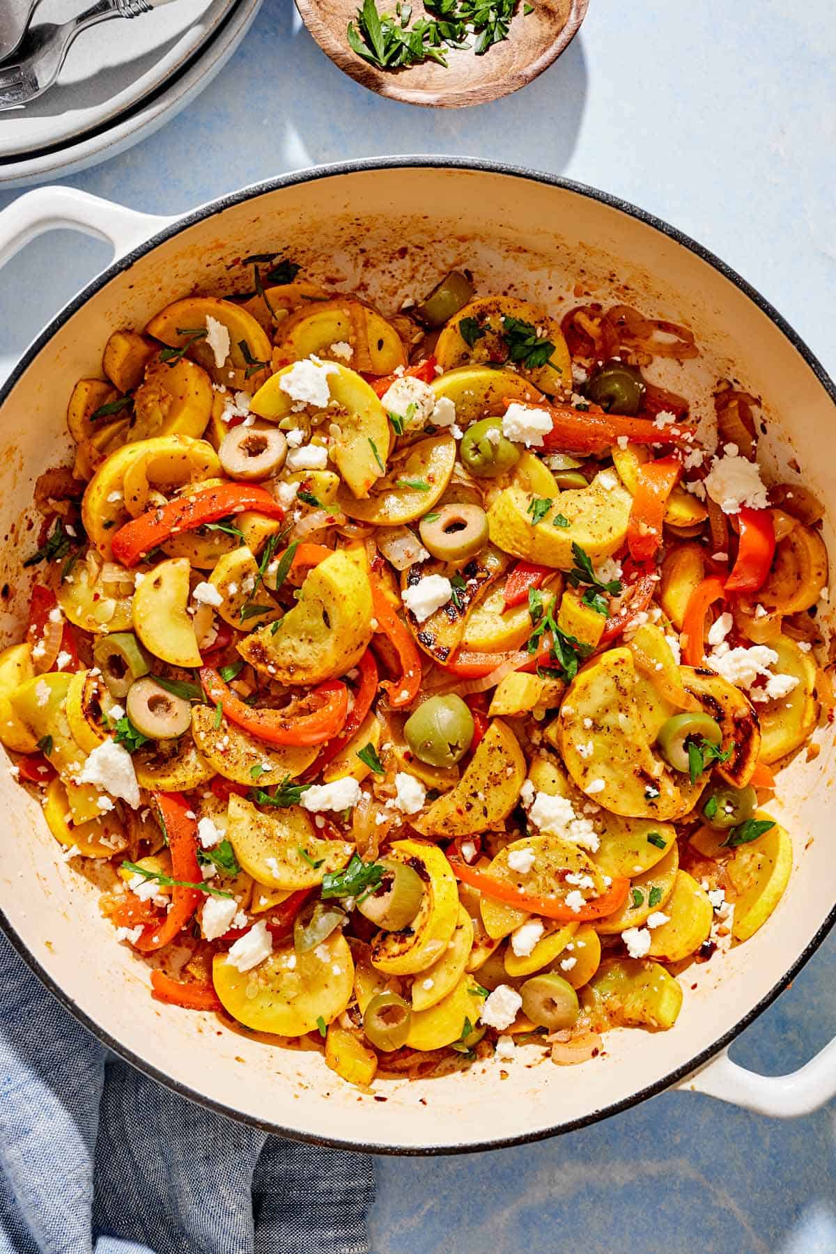 The yellow squash recipe in a skillet.