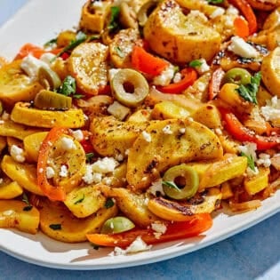 The yellow squash recipe on a platter.