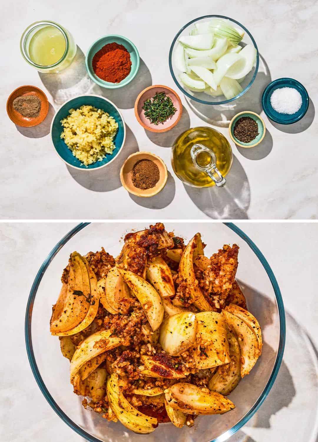 A two photo collage. The top photo shows the ingredients for the middle eastern chicken marinade. The bottom shows the marinade in a bowl.