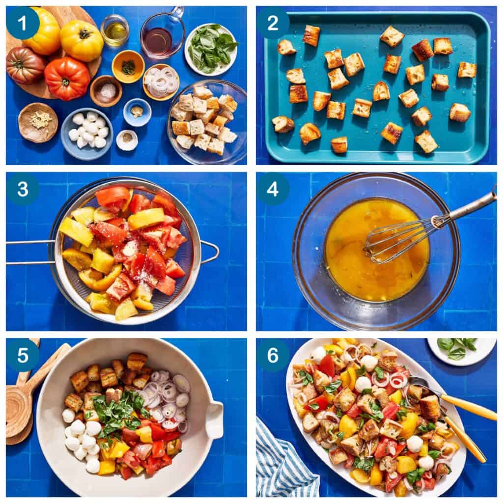 Panzanella Salad in 6 steps. Step 1: Gather your ingredients, Step 2: Toast the bread cubes, Step 3: Place the tomato pieces in a colander with salt, Step 4: Make the dressing, Step 5: combine the ingredients in a bowl, Step 6: Place the salad on a platter and serve.
