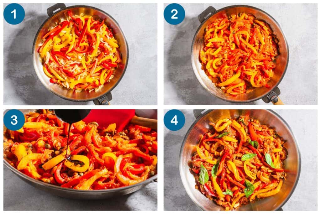 Peperonata in four steps. 1. Soften the vegetables, 2. Add tomato sauce and capers to the vegetables, 3. Add balsamic vinegar, 4. Finish and serve.