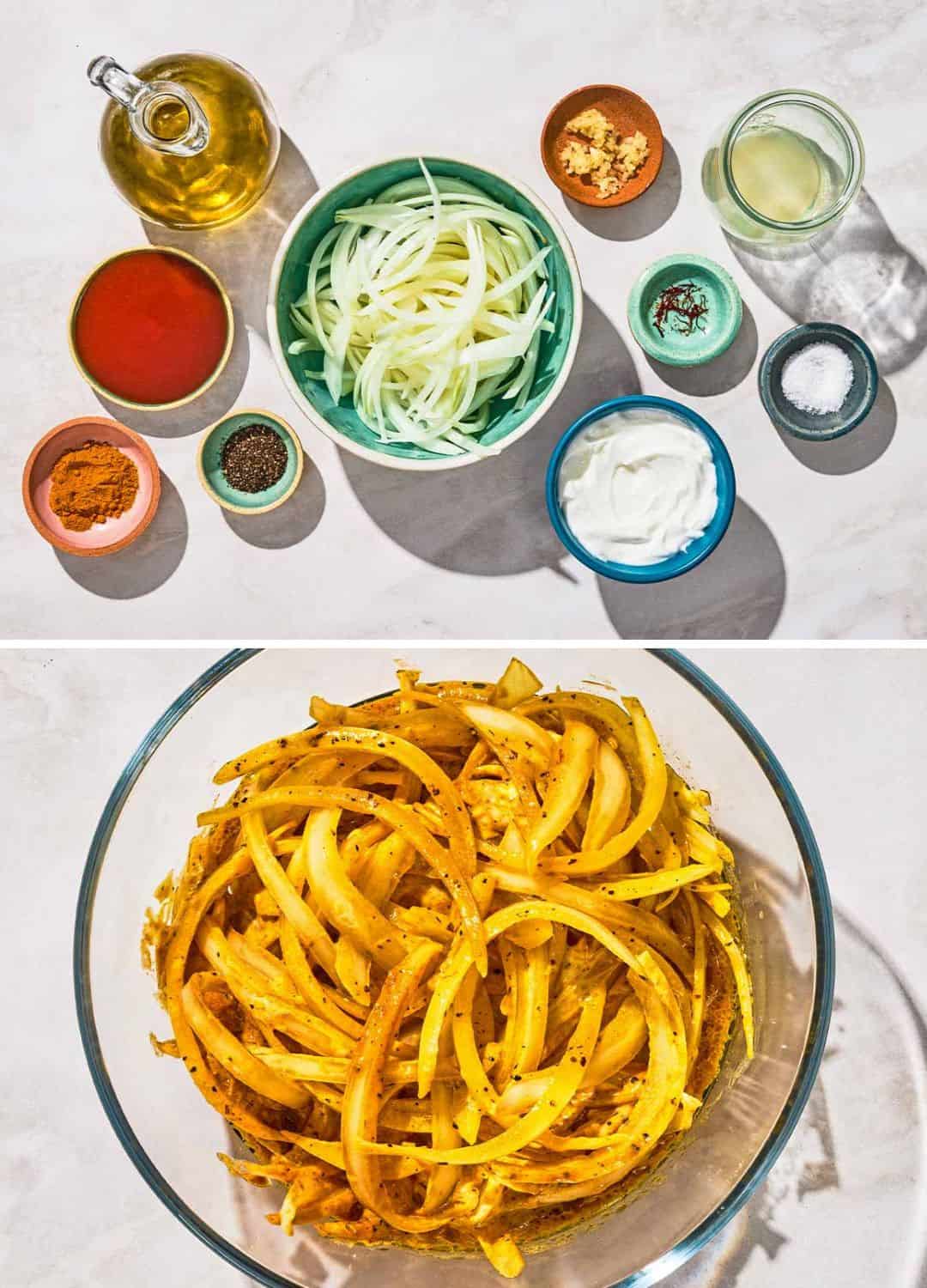 A two photo collage. The top photo shows the ingredients for the Persian saffron yogurt chicken marinade. The bottom shows the marinade in a bowl.