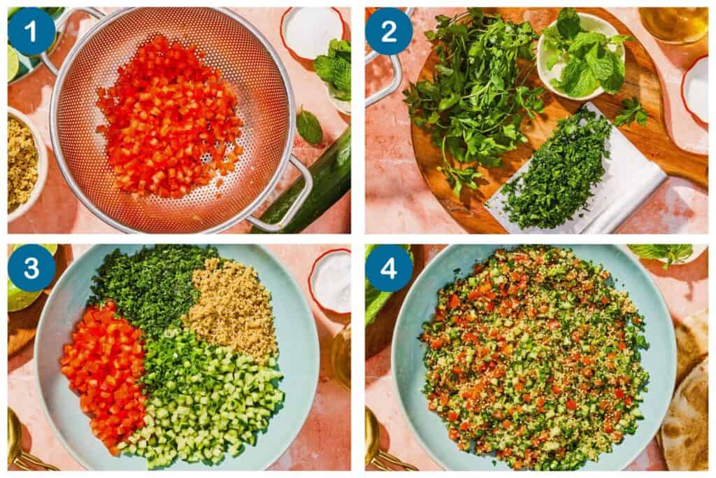 Image grid for quinoa tabouli. Step 1: finely chop the tomatoes and place in a colander, Step 2: chop the herbs, Step 3: place all of the chopped veggies, herbs and quinoa in a bowl, Step 4: toss the quinoa tabouli.