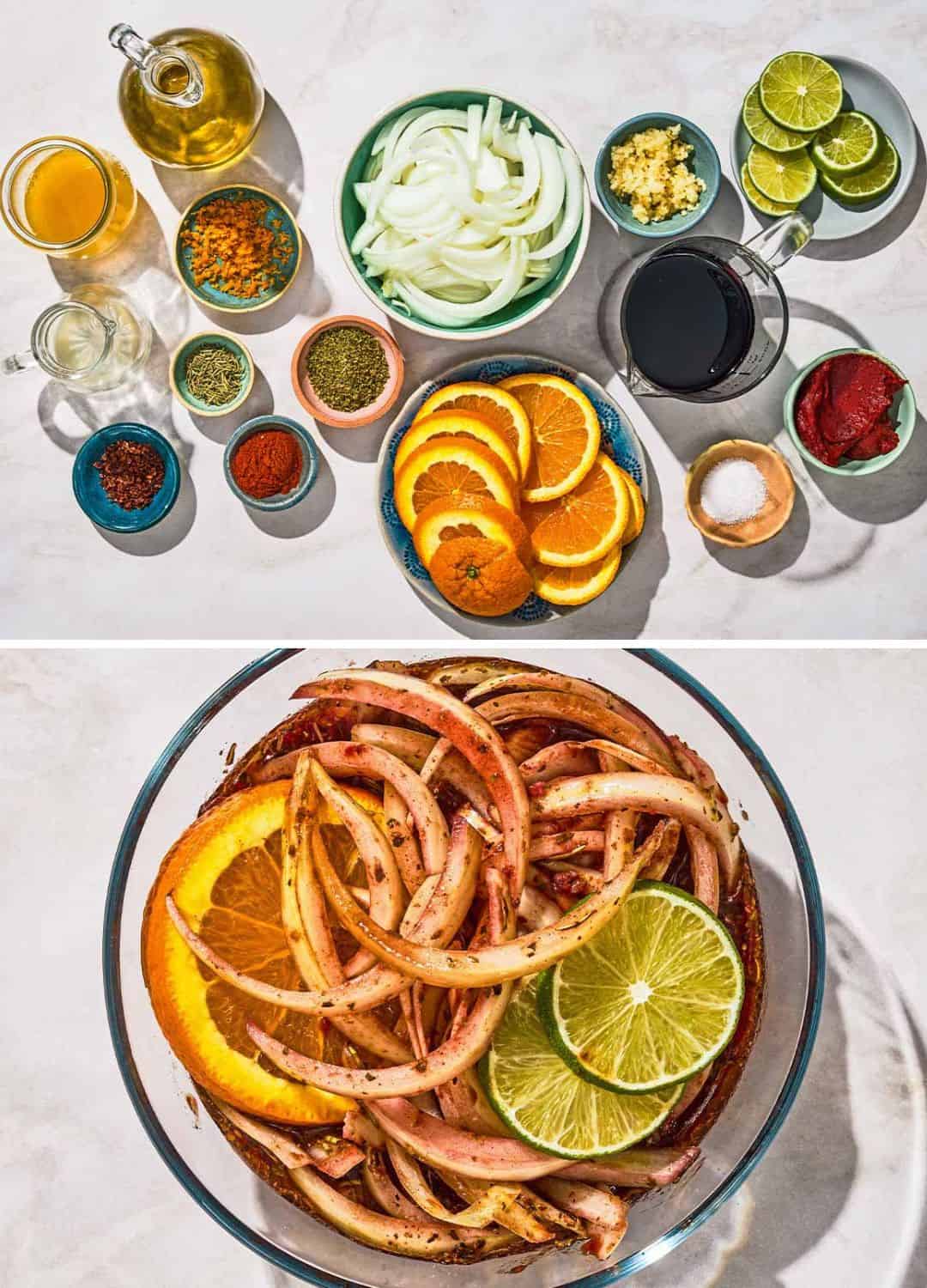 A two photo collage. The top photo shows the ingredients for the red wine citrus chicken marinade. The bottom show the marinade in a bowl.