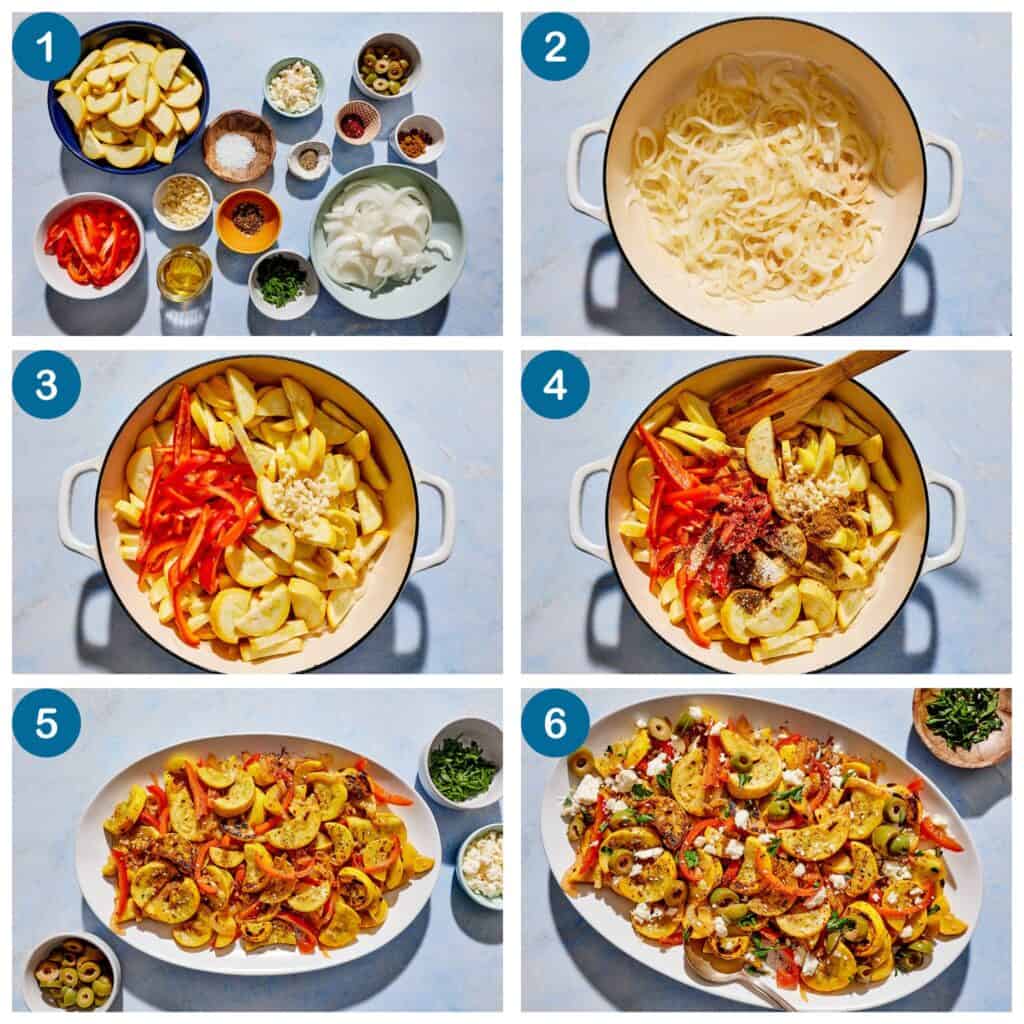 How to make the sautéed squash recipe. Step 1: gather your ingredients, Step 2: sautée the onions, Step 3: add the rest of the vegetable to the skillet, Step 4: add the seasoning mix and toss with the vegetables in the skillet, Step 5: place the sautéed squash recipe on a platter, Step 6: drizzle the sautéed squash recipe with olive oil and add za'atar and feta cheese before serving.