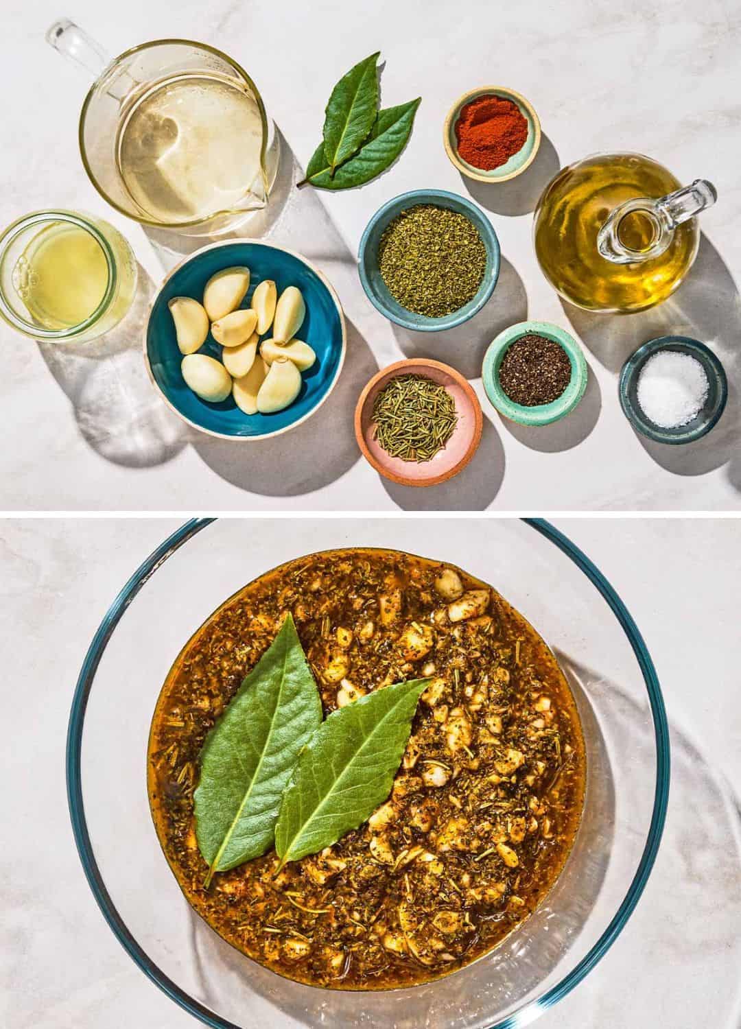 A two photo collage. The top photo shows the ingredients for the souvlaki chicken marinade. The bottom show the marinade in a bowl.