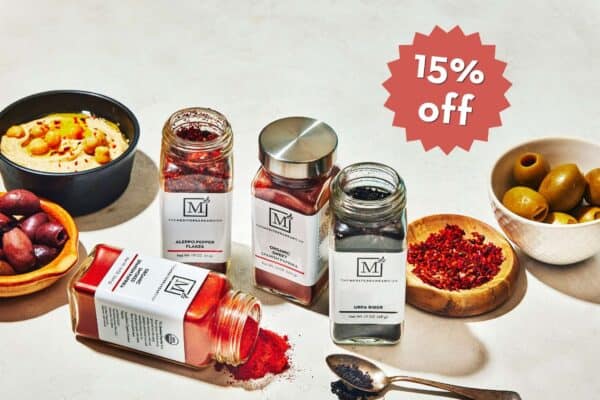 Four bottles of The Mediterranean Dish premium spices.