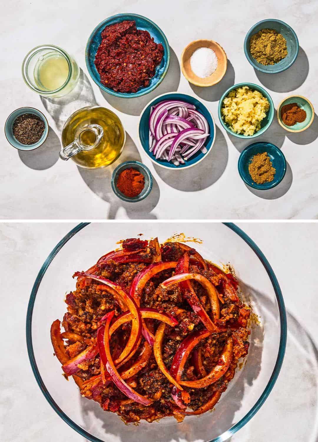 A two photo collage. The top photo shows the ingredients for the spicy harissa chicken marinade. The bottom show the marinade in a bowl.