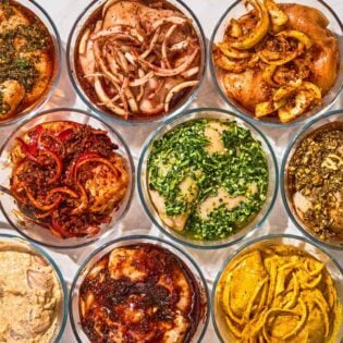 9 different chicken marinade recipes in bowls, each with chicken.