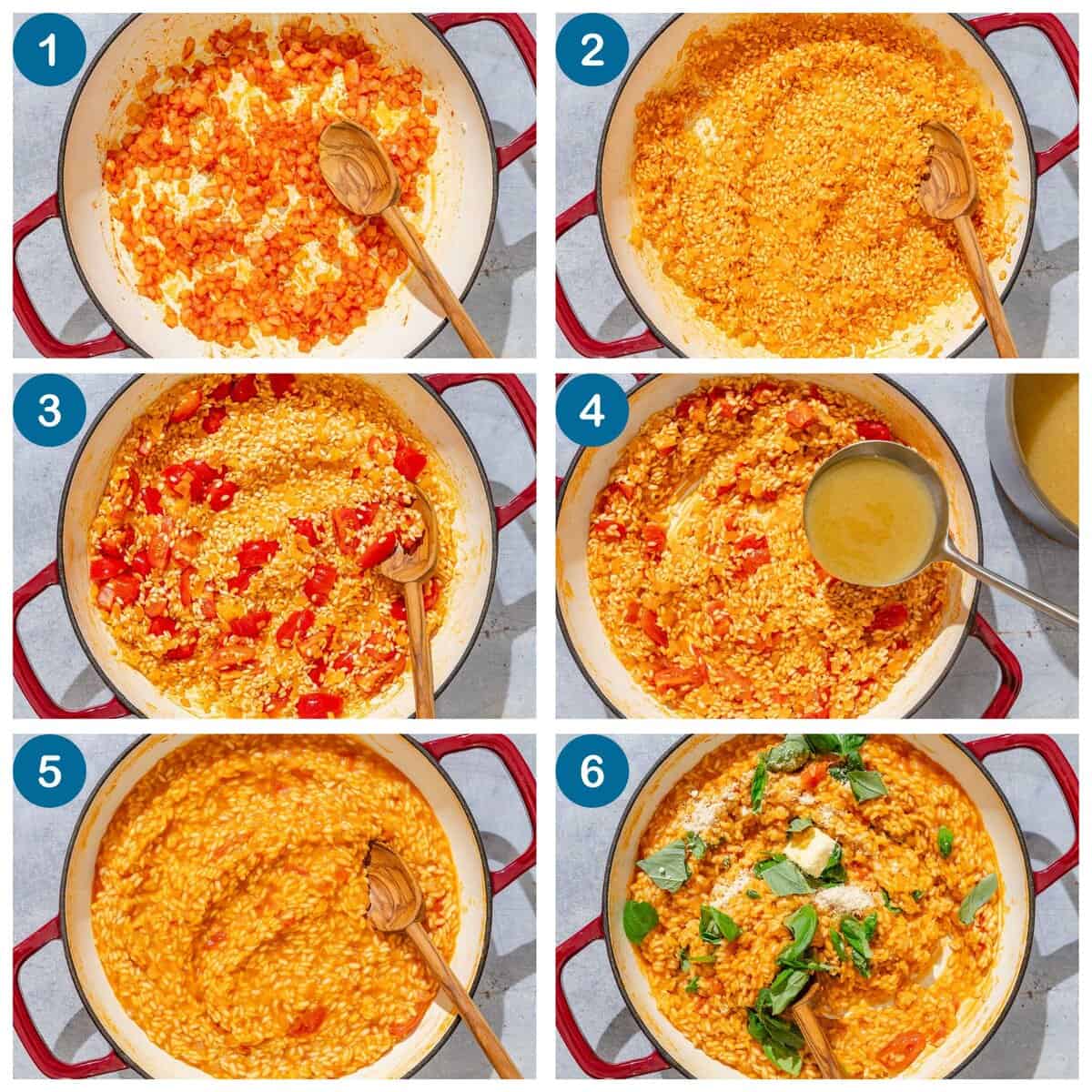 Image grid for tomato risotto. Step 1: sautée the onion, Step 2: toast the rice, Step 3: add the tomatoes, Step 4: add the broth by the ladleful, Step 5: stir the risotto, Step 6: stir in the parmesan cheese, butter and basil.