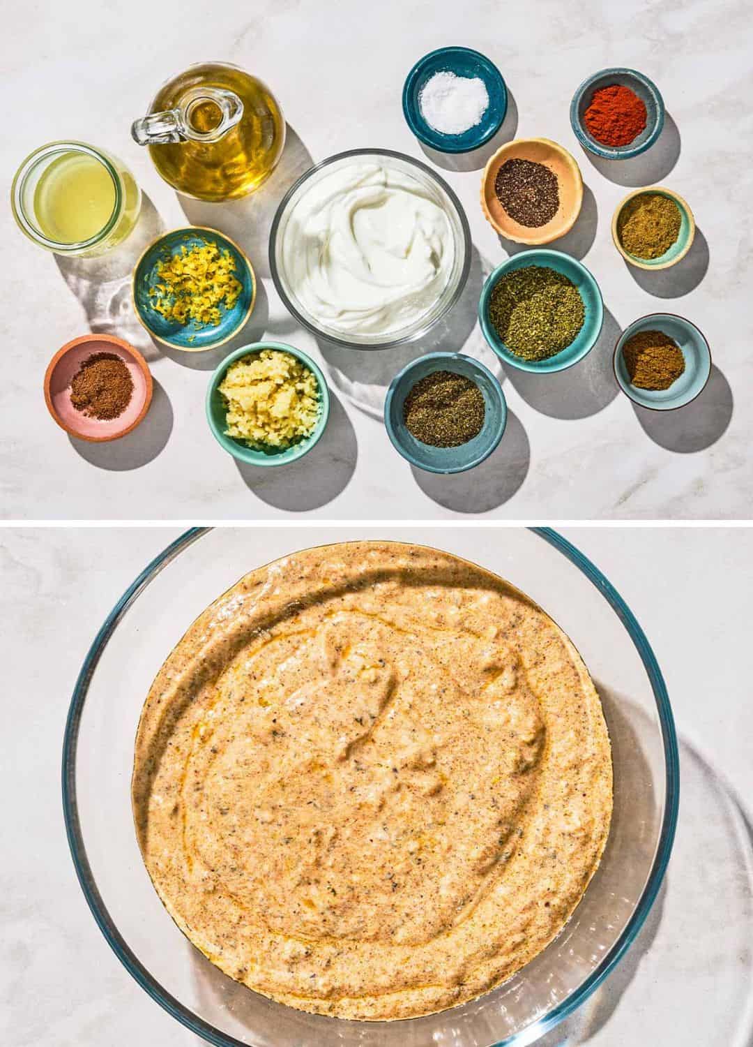 A two photo collage. The top photo shows the ingredients for the yogurt chicken marinade. The bottom shows the marinade in a bowl.