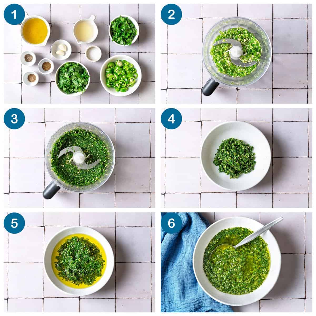 How to make zhoug. Step 1: gather your ingredients, Step 2: chop the jalapeno and garlic in a food processor, Step 3: add the seasonings to the food processor, Step 4: transfer the cilantro paste to a bowl, Step 5: add the olive oil and lemon juice, Step 6: stir to combine and serve.