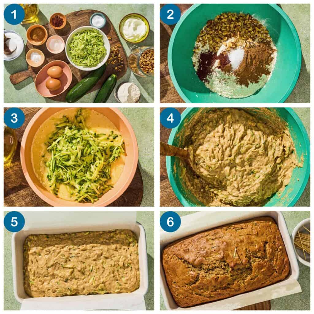 How to make zucchini bread. Step 1: gather your ingredients, Step 2: mix the dry ingredients in a bowl, Step 3: mix the wet ingredients in a bowl, Step 4: combine the wet and dry ingredients, Step 5: place the batter in a loaf pan, Step 6: bake and serve.