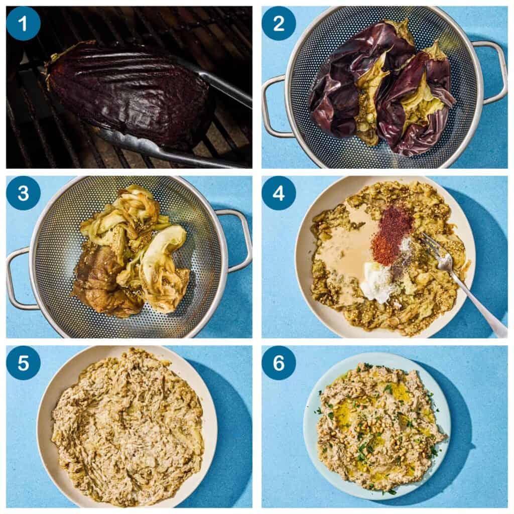 How to make baba ganoush. Step 1: grill the eggplant, Step 2: drain and cool the eggplant, Step 3: peel the eggplant, Step 4: transfer the eggplant to a bowl, mash, and add the other ingredients, Step 5: mix the baba ganoush, Step 6: top the baba ganoush with olive oil, pine nuts and fresh herbs and serve.