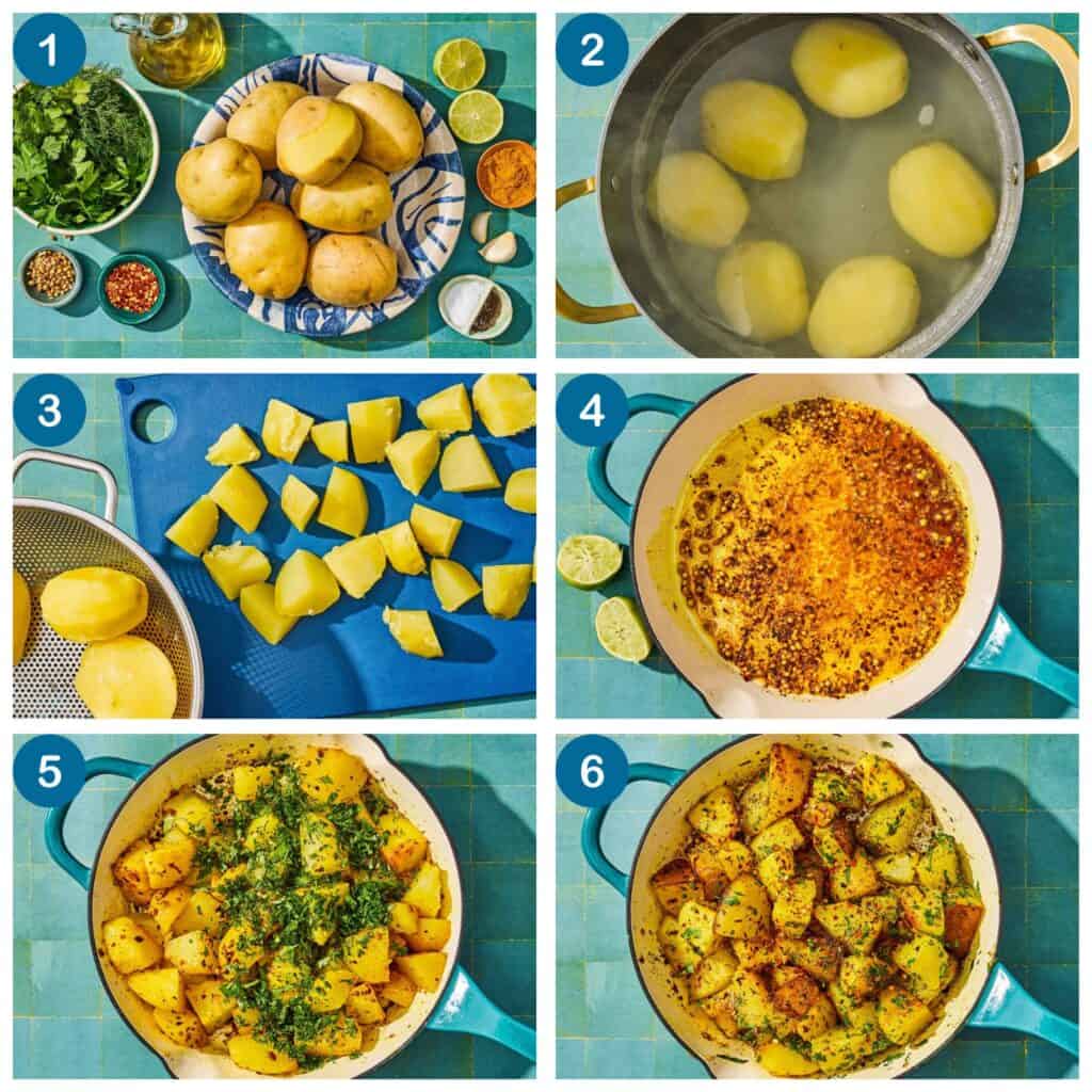 Comment faire de la batata harra. Étape 1 : rassemblez vos ingrédients, Étape 2 : faites bouillir les pommes de terre, Étape 3 : égouttez les pommes de terre et coupez-les en cubes, Étape 4 : faites revenir l'huile d'olive et les épices, Étape 5 : ajoutez les pommes de terre et les herbes dans la poêle, Étape 6 : terminez et servez.