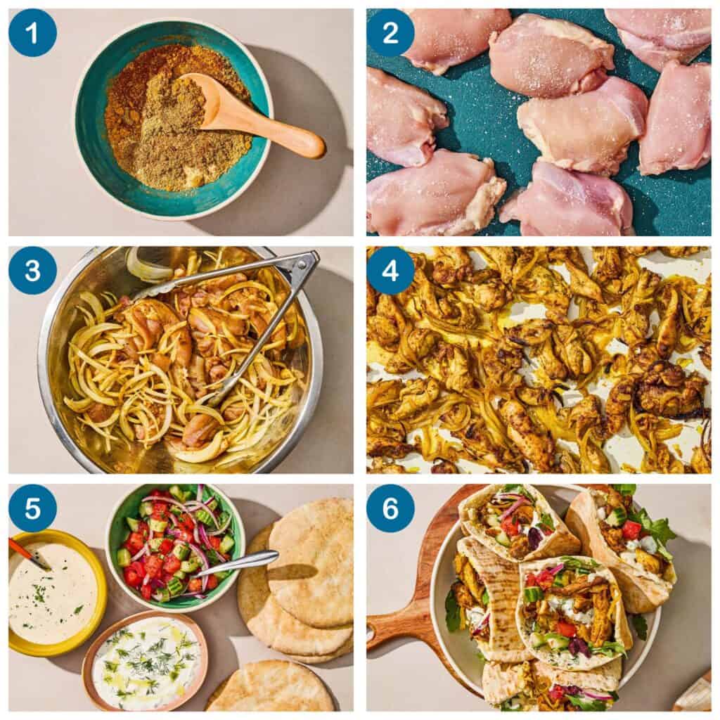 How to make chicken shawarma. Step 1: make the shawarma mixture, Step 2: pat the chicken dry and season with salt, Step 3: season the chicken and onion on a bowl. Step 4: bake the chicken and onions, Step 5: gather pita bread and toppings, Step 6: make shawarma sandwiches and serve.