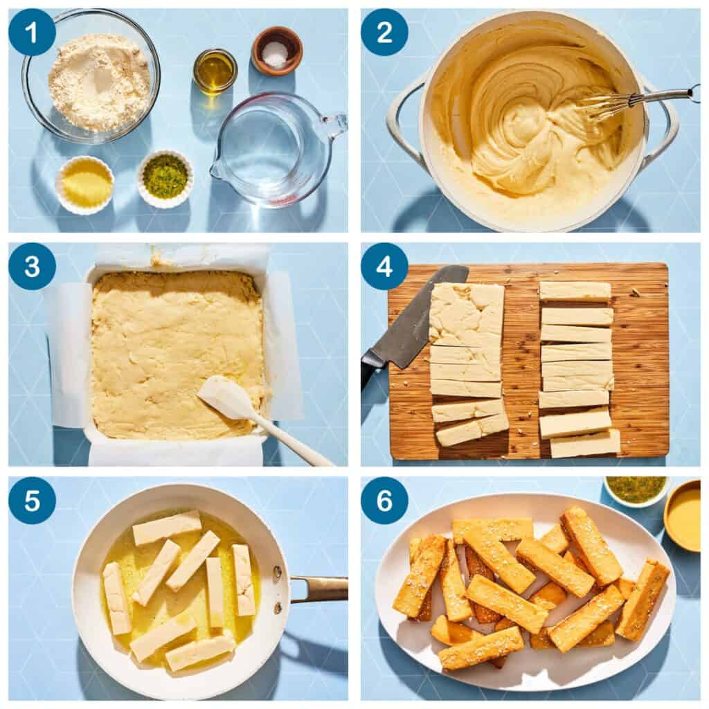 How to make chickpea panisses. Step 1: gather your ingredients, Step 2: cook the chickpea mixture, Step 3: place the chickpea mixture in a pan and cool, Step 4: Slice the cooled chickpea mixture into fries, Step 5: fry the chickpea panisses, Step 6: serve the chickpea panisses with chermoula and aioli.