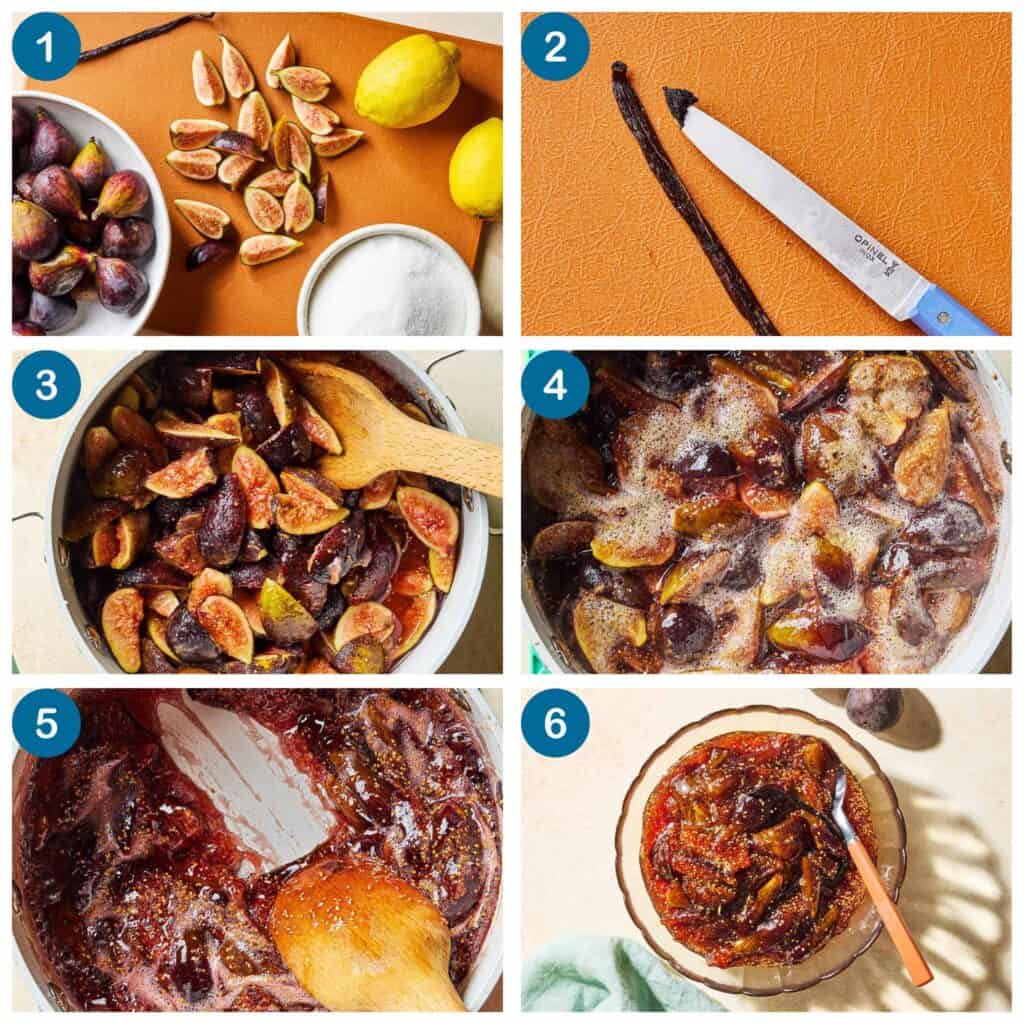 How to make fig jam. Step 1: trim and quarter the figs, Step 2: scrape out the seeds of a vanilla bean, Step 3: macerate the figs, Step 4: reduce the figs into jam, Step 5: stir and cool the jam, Step 6: place the jam in a bowl and serve.