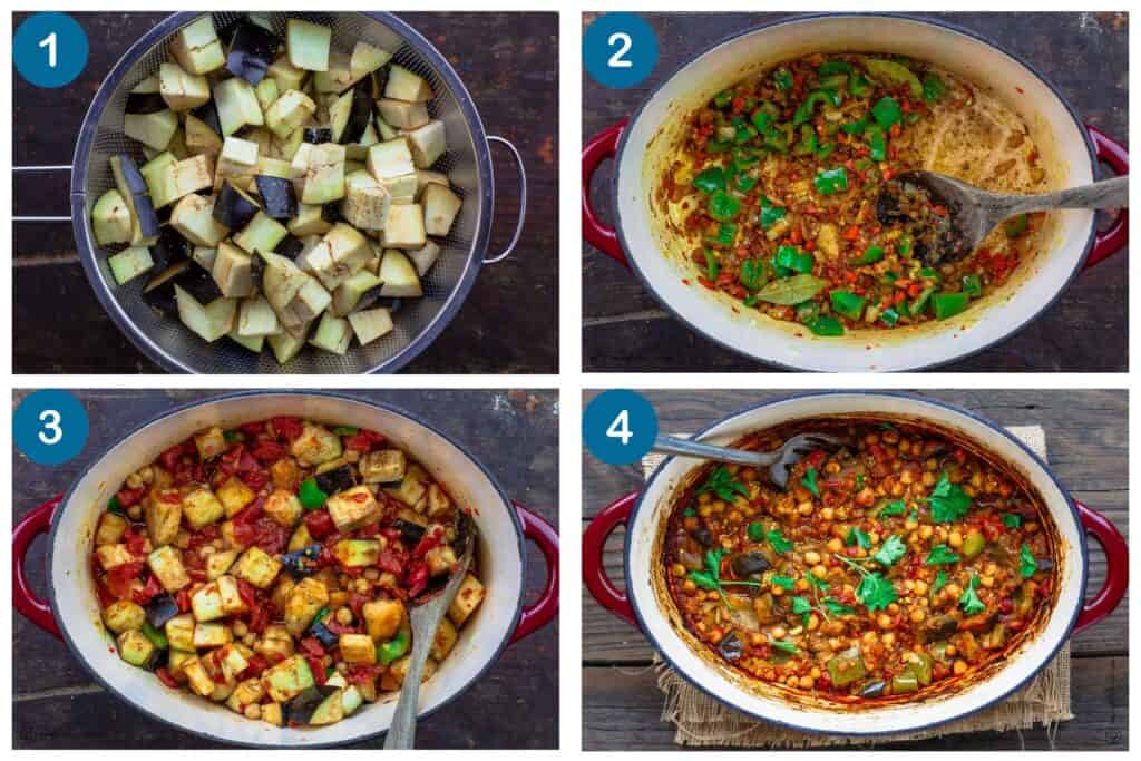 Four steps for eggplant stew: salt the eggplant, sauté the vegetables and spices, add the tomatoes and chickpeas, then bake until tender