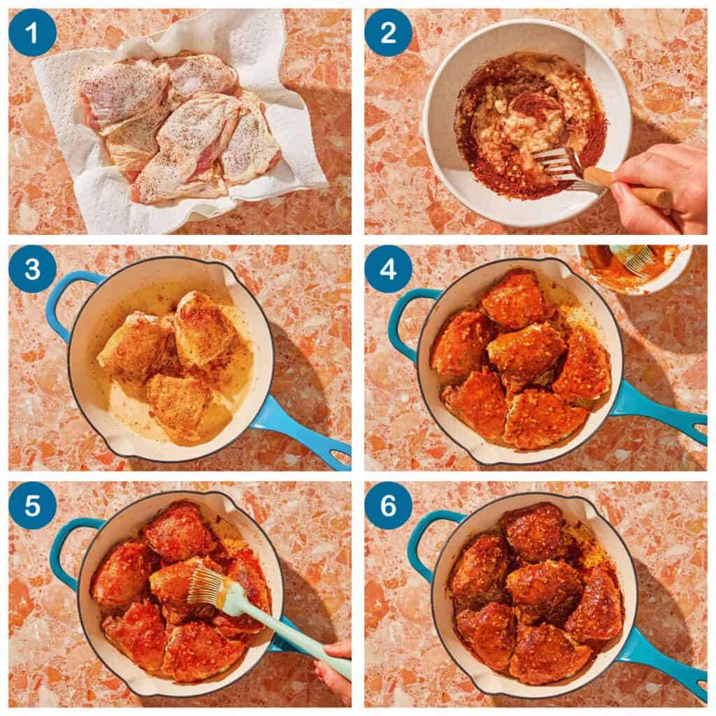 How to make honey mustard chicken. Step 1: pat the chicken dry and season with salt and pepper, Step 2: make the sauce, Step 3: sear the chicken, Step 4: glaze the chicken with the sauce and bake, Step 4: baste the chicken and return to the oven, Step 5: finish and serv.