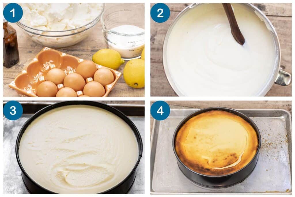 How to make ricotta cheesecake. Step 1: gather your ingredients, Step 2: mix the ingredients together using a standing mixer, Step 3: pour the batter into a springform pan, Step 4: bake and serve.