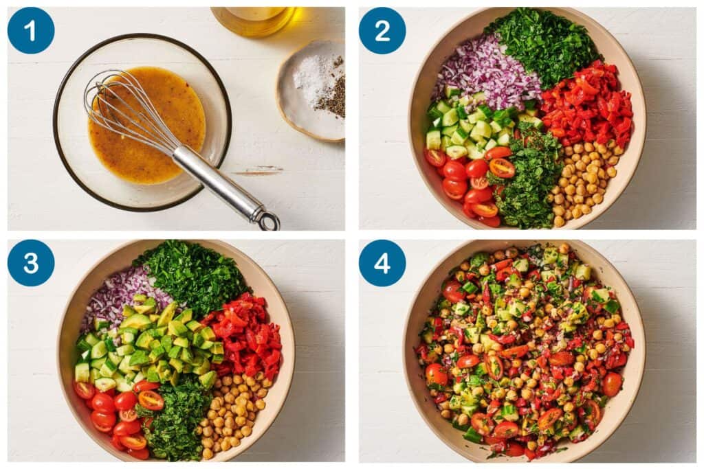 How to make a Mediterranean chickpea salad. Step 1: Make the dressing Step 2: Add the ingredients to a bowl Step 3: Add the sliced ​​avocado to the bowl Step 4: Toss the salad and serve.