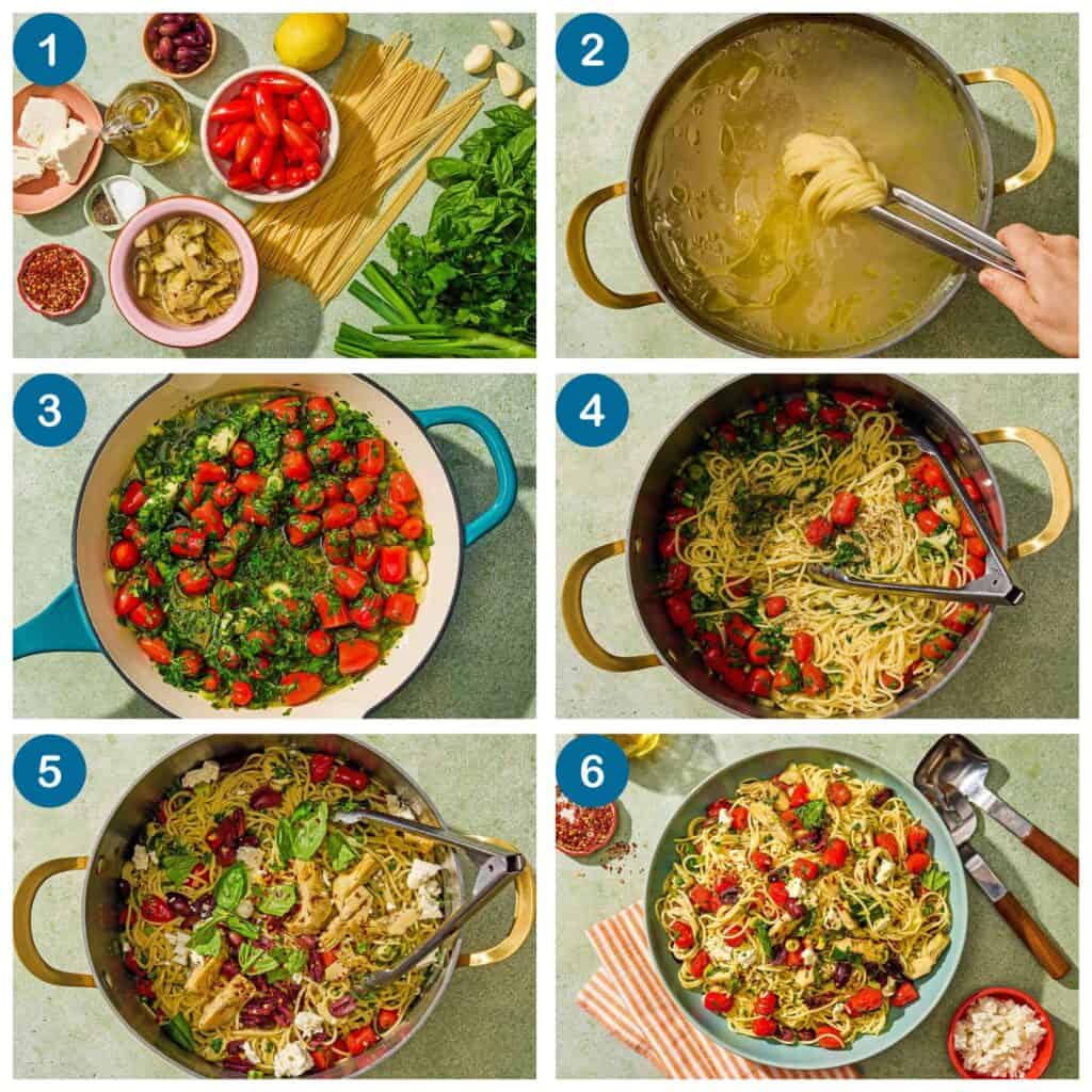 How to cook Mediterranean pasta. Step 1: Gather the ingredients Step 2: Cook the spaghetti Step 3: Cook the garlic, parsley, tomatoes and chives Step 4: Mix the herbs and vegetables with the spaghetti in the pot Step 5: Add the rest of the ingredients to the pot and toss Step 6: Serve.