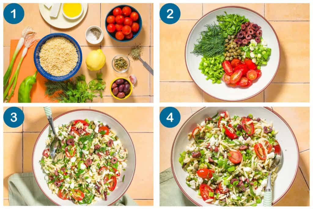 How to make orzo salad. Step 1: gather you ingredients, Step 2: combine the ingredients in a bowl, Step 3: mix the ingredients together, Step 4: serve.