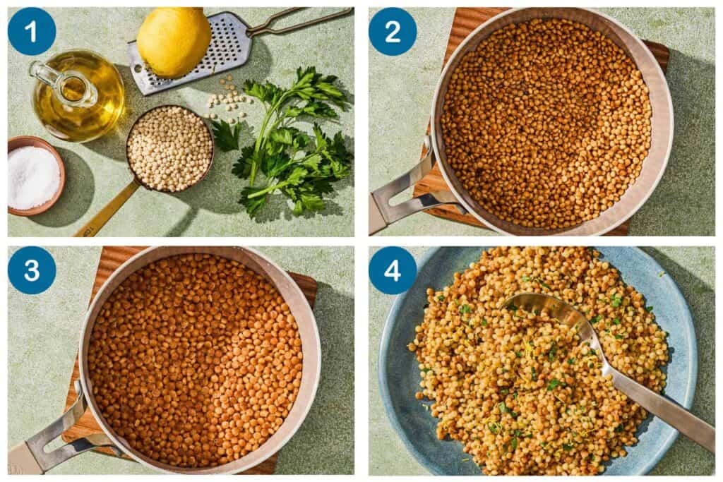 How to Make Pearl Couscous also known as Israeli couscous. Step one: Gather your ingredients. Step 2. Toast the couscous in olive oil until it turns golden brown in spots. Step 3: Add liquid and cook. Step 4: Season with lemon zest and serve.