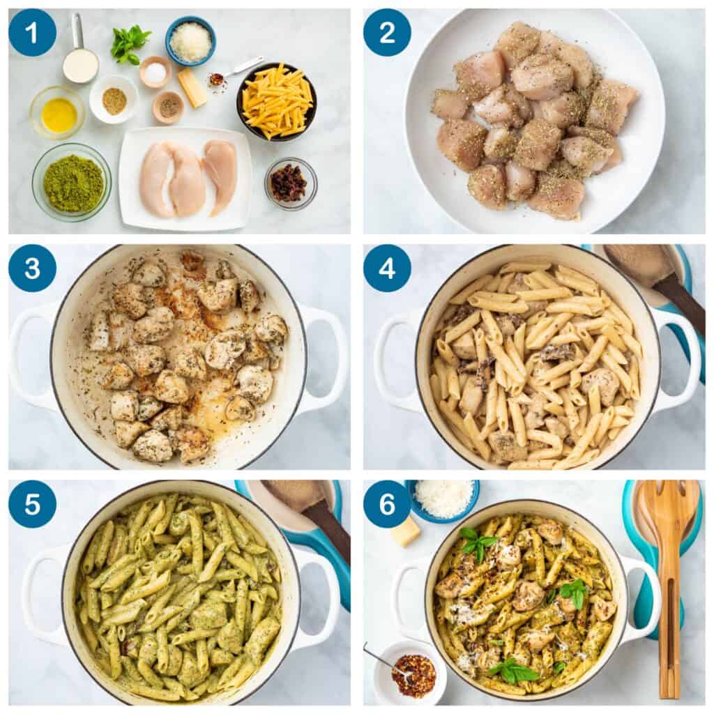 How to make chicken pesto pasta. Step 1: gather your ingredients, Step 2: season the chicken, Step 3: cook the chicken, Step 4: add the cooked pasta to the chicken, Step 5: add the pesto to the chicken and pasta, Step 6: finish and serve.