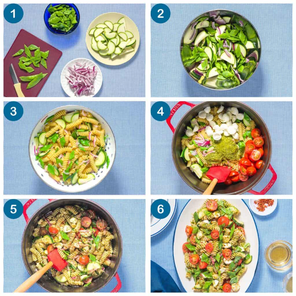How to make pesto pasta salad. Step 1: prep the vegetables, Step 2: combine the vegetables in a bowl, Step 3: cook and combine the vegetables and pasta, Step 4: toss the pasta and vegetables with basil pesto, Step 5: stir and chill, Step 6: place the pesto pasta salad on a platter and serve.