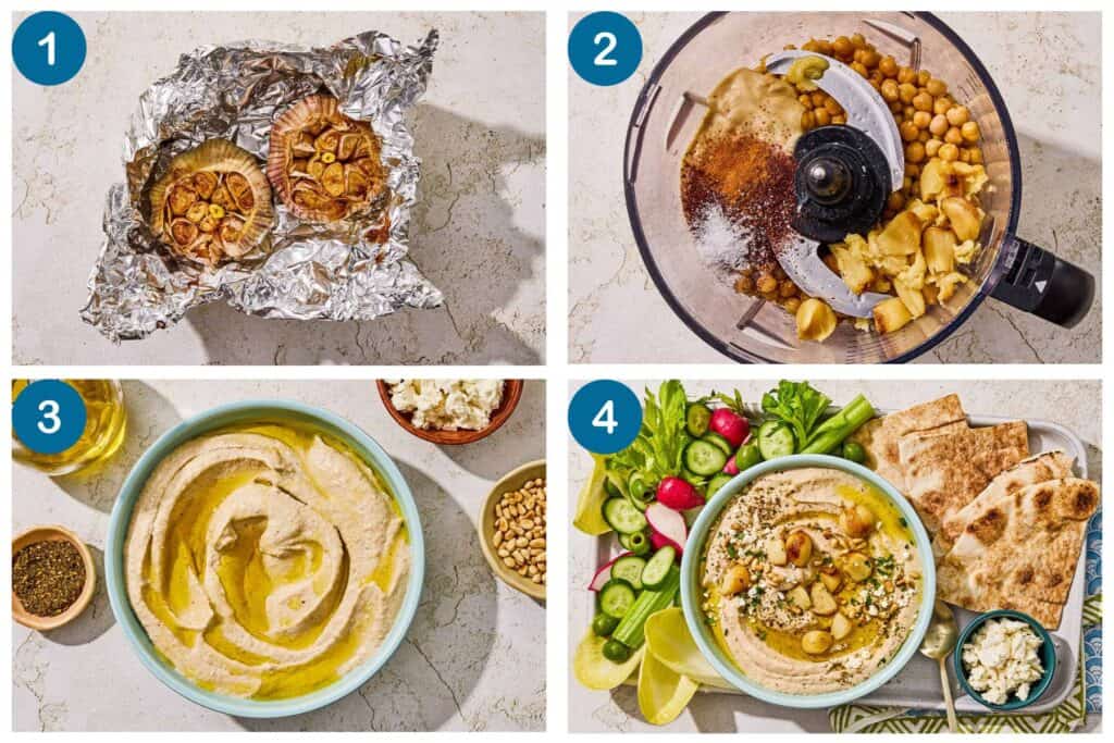 How to make roasted garlic hummus. Step 1: roast the garlic in foil, Step 2: place all of the ingredients in the bowl of a food processor and blend, Step 3: place the hummus in a bowl and drizzle with olive oil, Step 4: serve the hummus with a variety of vegetables and pita bread.
