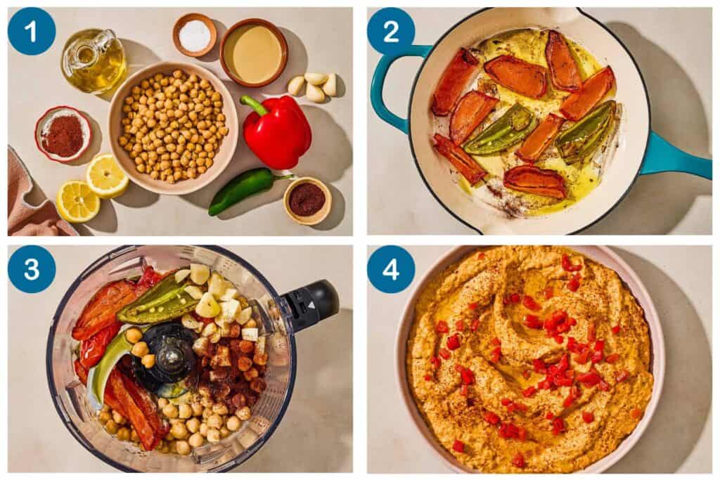 How to make roasted red pepper hummus. Step 1: Gather the ingredients, Step 2: Fry the red bell pepper slices and jalapeños in a pan, Step 3: Combine the ingredients in the bowl of a food processor and blend, Step 4: Place the hummus in a bowl and serve.