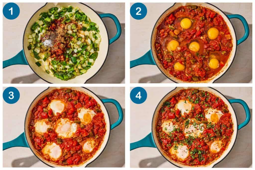 How to make the shakshuka recipe. Step 1: saute&eacute; the vegetables and spices in a skillet, Step 2: add the tomatoes, tomato sauce and eggs, Step 3: fully cook the eggs in the sauce, Step 4: finish with fresh herbs and serve.