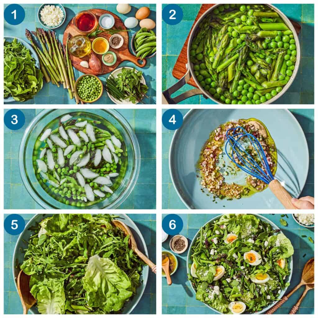 How to make a spring green salad. Step 1: gather the ingredients, Step 2: blanch the vegetables, Step 3: cool the blanched vegetables in a bowl of ice water, Step 4: make the vinaigrette, Step 5: assemble the salad, Step 6: serve the salad.