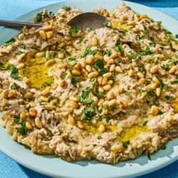 Baba ganoush in a bowl with a spoon next to a a plate of vegetables.