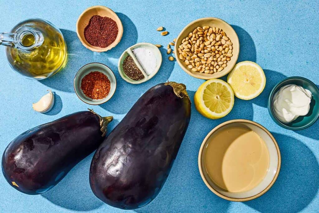 Ingredients for baba ganoush including eggplant, pine nuts, tahini paste, lemon, yogurt, salt, pepper, sumac, Aleppo pepper, olive oil, pine nuts.