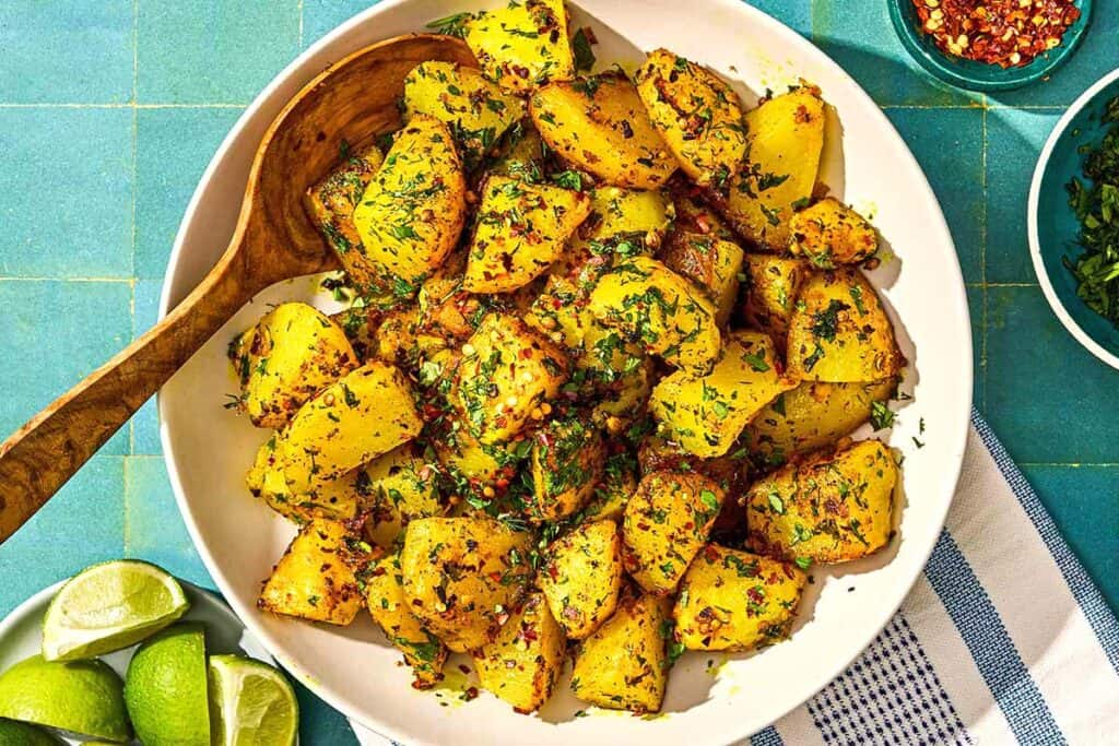 Batata Harra in a serving bowl with a spoon. Next to this is a plate with lime wedges and bowls of red pepper flakes and fresh herbs.