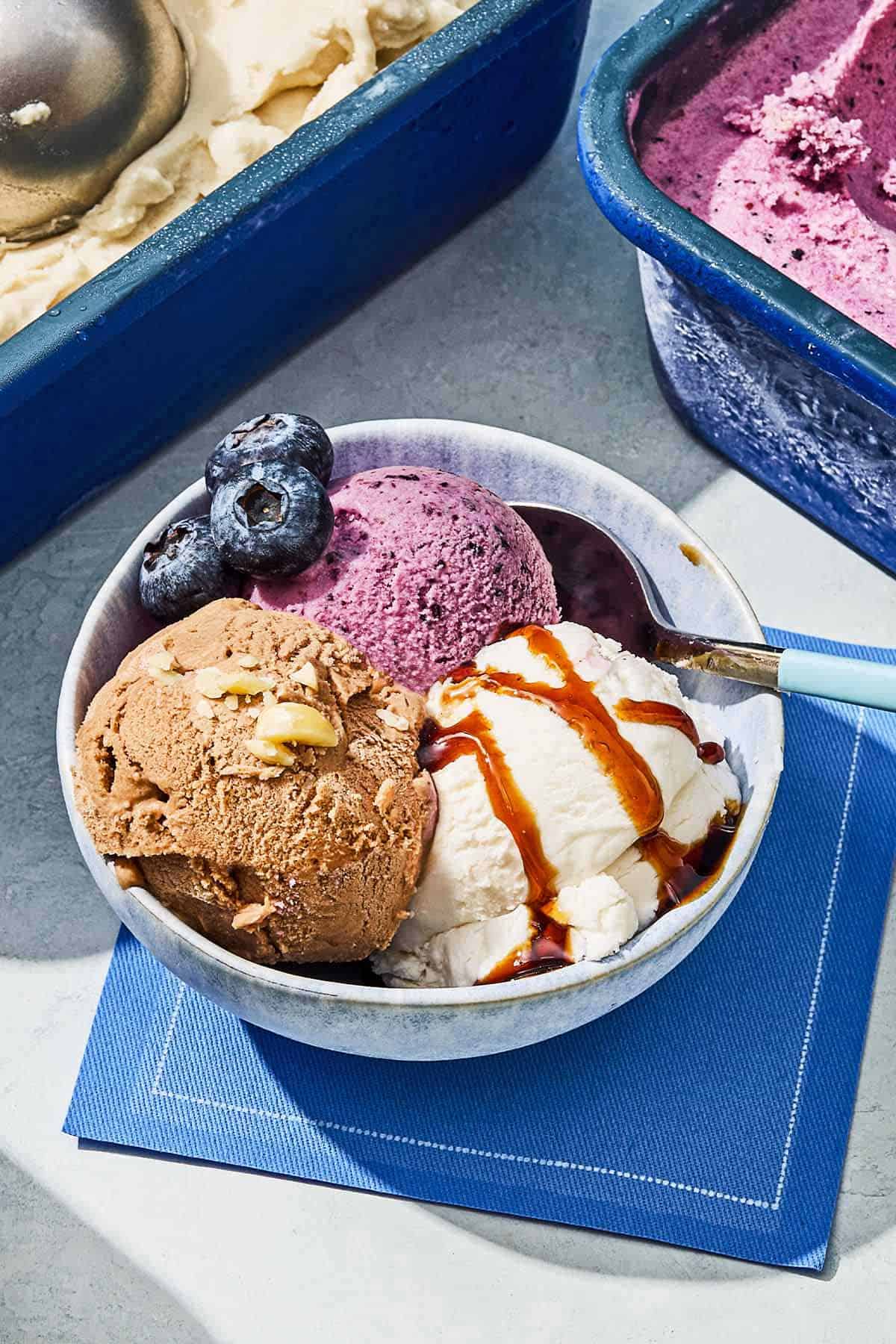 Three scoops of dairy free ice cream, each a different flavor, topped with blueberries in a bowl with a spoon.