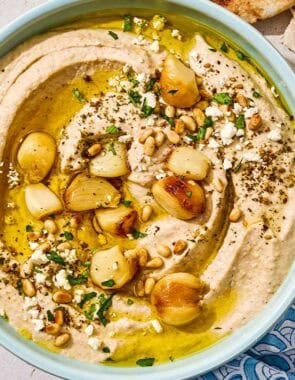Roasted garlic hummus in a bowl.