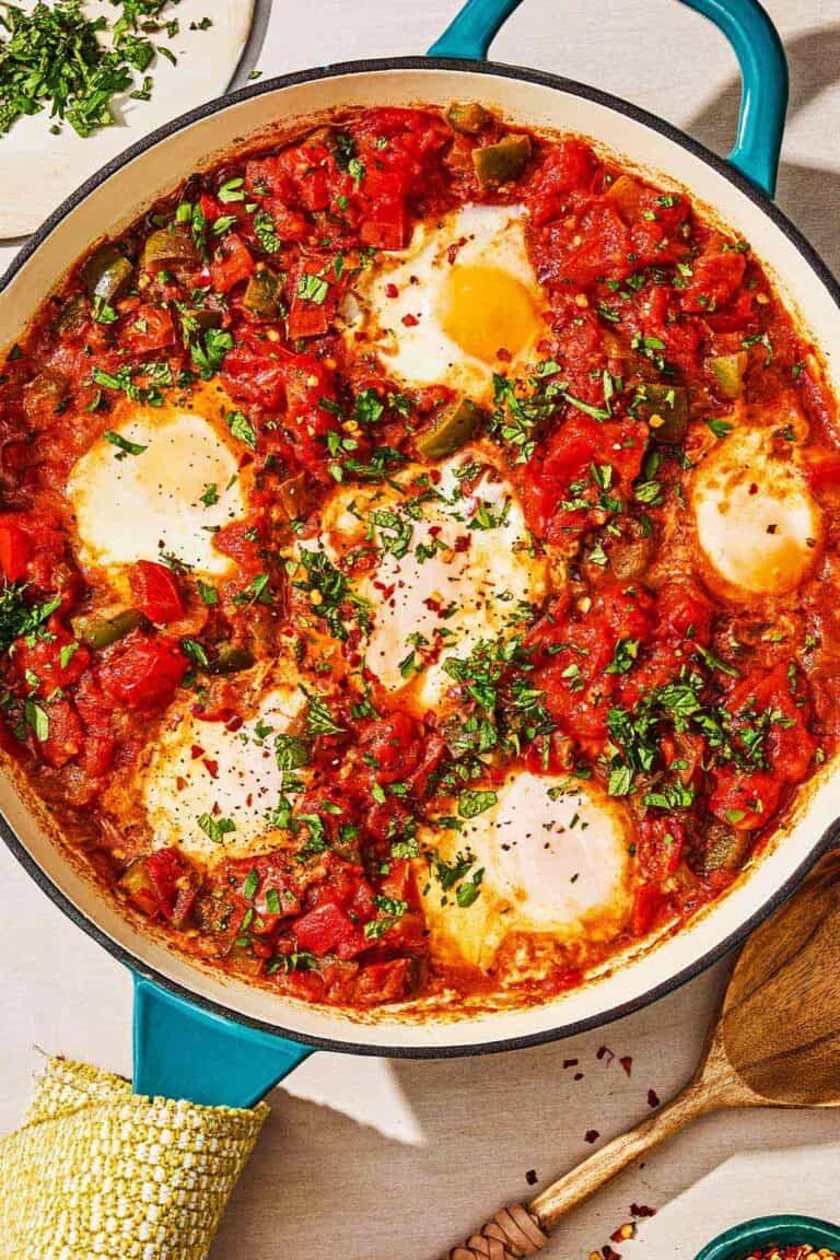 The shakshuka recipe in a skillet.