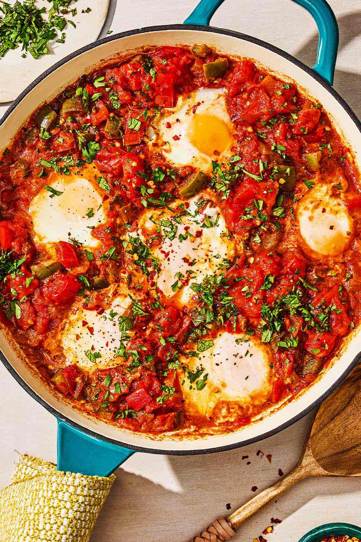 The shakshuka recipe in a skillet.