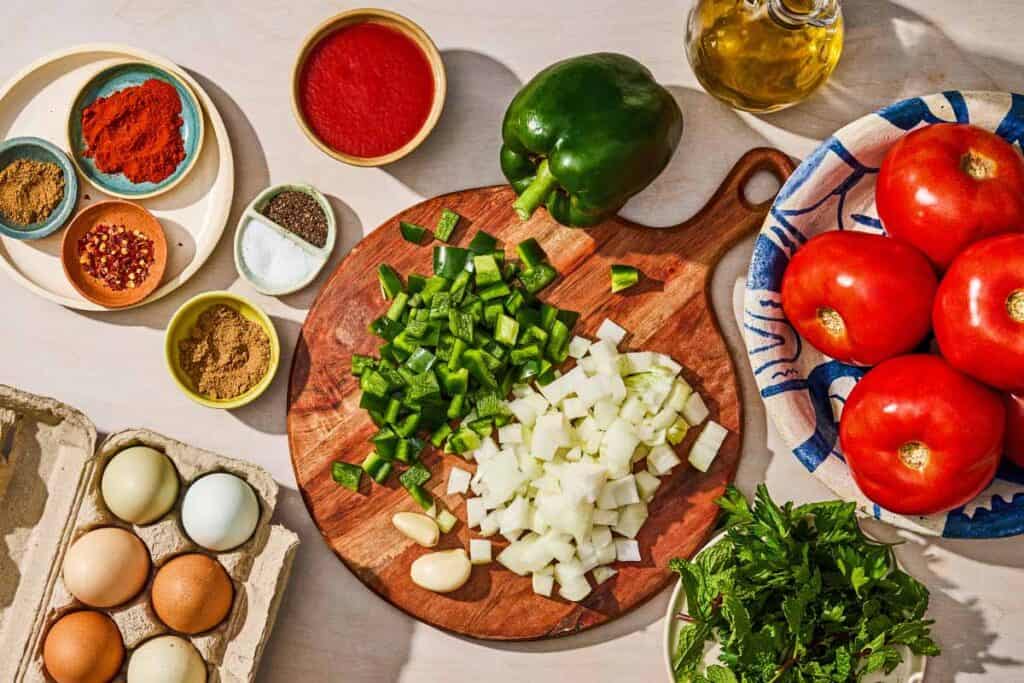 Ingredients for the shakshuka recipe including eggs, olive oil, onion, green peppers, garlic, coriander, paprika, cumin, red pepper flakes, salt, pepper, tomatoes, tomato sauce, parsley and mint.